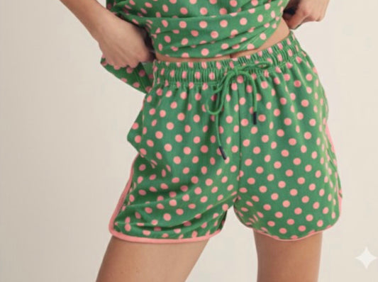 PINK DOTS ON GREEN SHORTS L