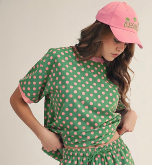 PINK DOT ON GREEN TOP L